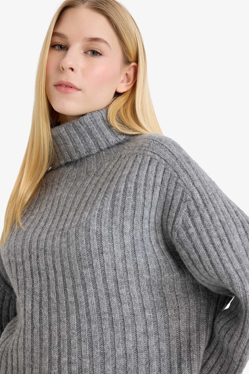 DeFacto Grey Woman Oversize Turtleneck Pullover Casual - Image 3